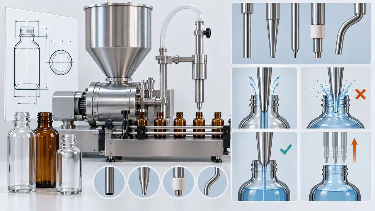 AI-generated conceptual illustration of a filling nozzle and narrow bottle-neck clearance