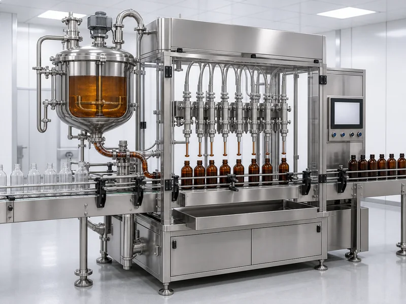 AI-generated conceptual catalogue illustration of Syrup Liquid Filling Machine; final configuration may vary.