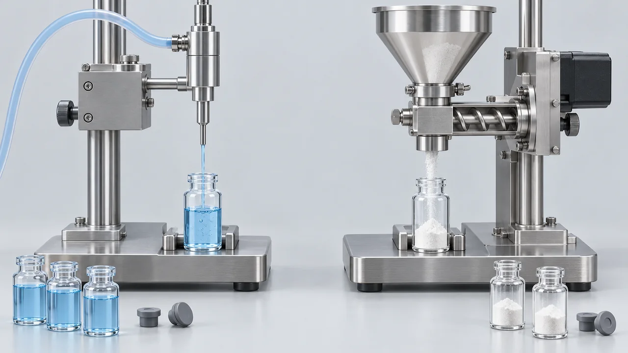 AI-generated conceptual illustration comparing vial liquid and powder filling